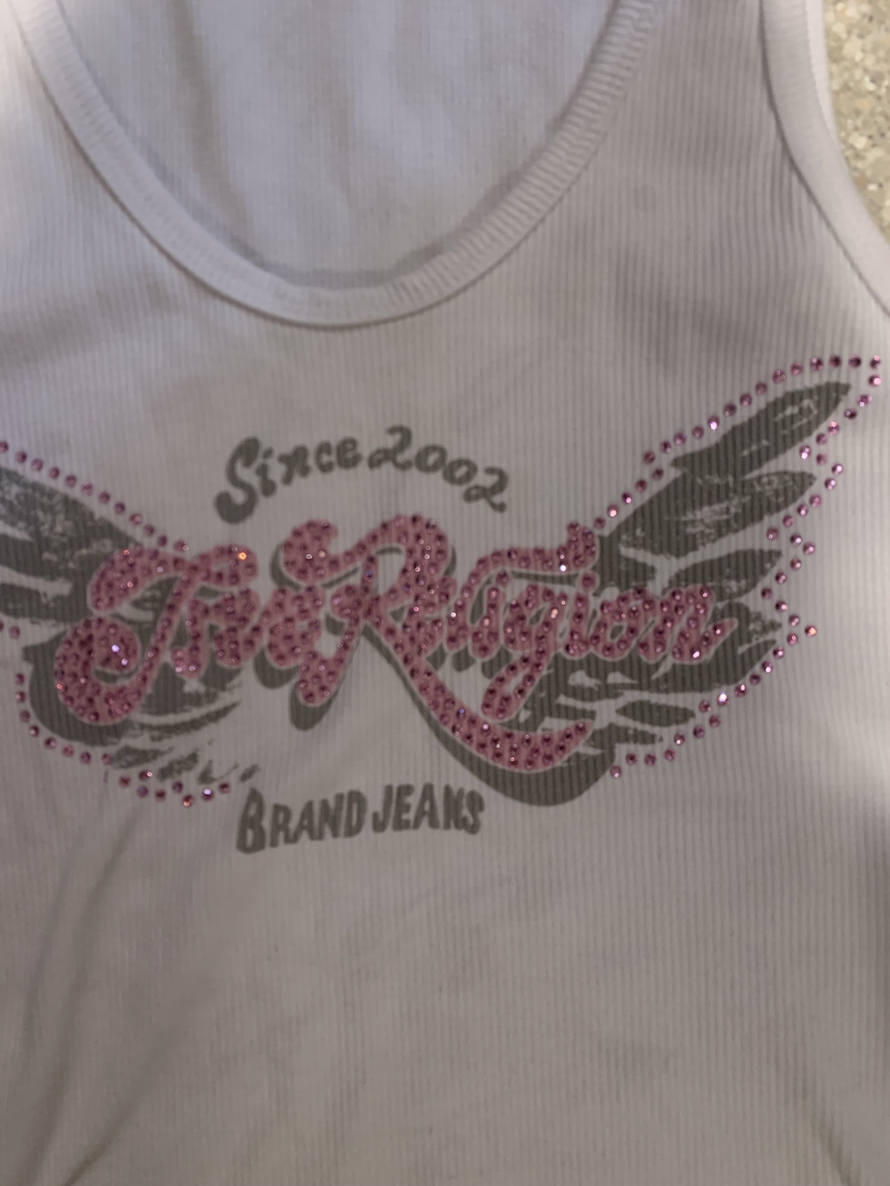 #650 "True Religion" White Ribbed Tank with Pink Bling and Gray Wing Logo - Picture 3 of 5